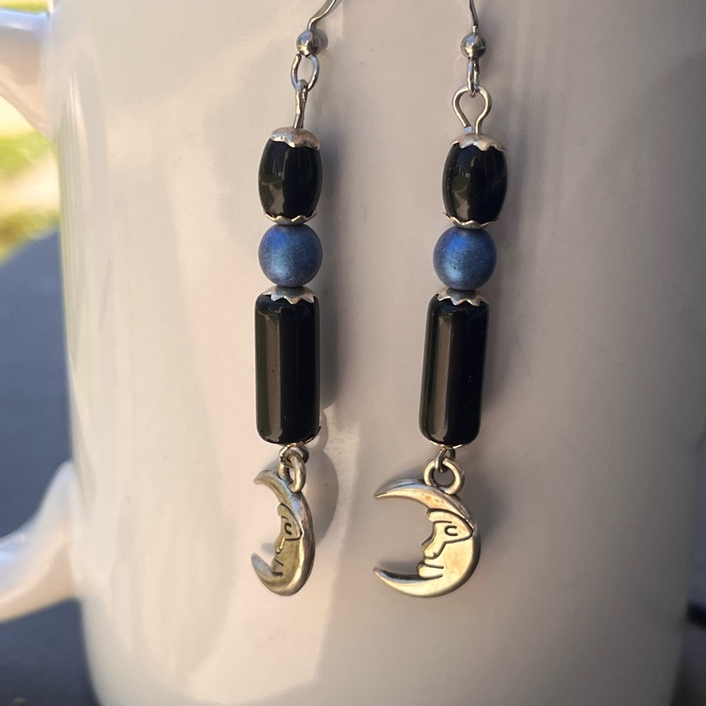Handcrafted Obsidian Czech glass moon earrings - Picture 2 of 5